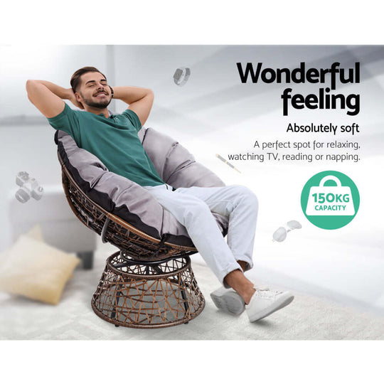 Gardeon Papasan Chair with thick padding, ideal for relaxing, reading, or napping, featuring a 150kg capacity.