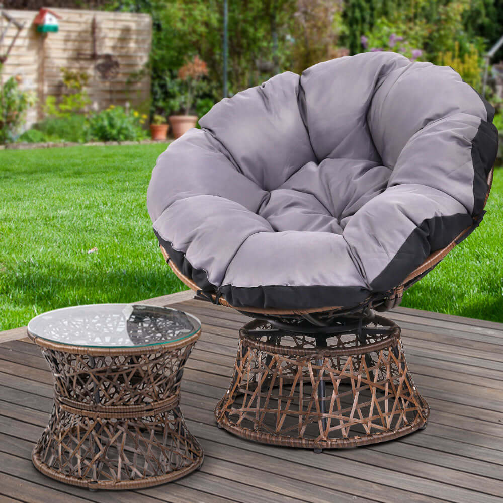 Gardeon Papasan Chair and side table in brown wicker, ideal for affordable outdoor comfort and quality garden furniture.