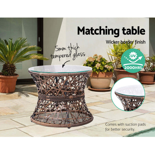 Gardeon outdoor matching table with tempered glass and wicker design for garden furniture, ideal for DIY decor.