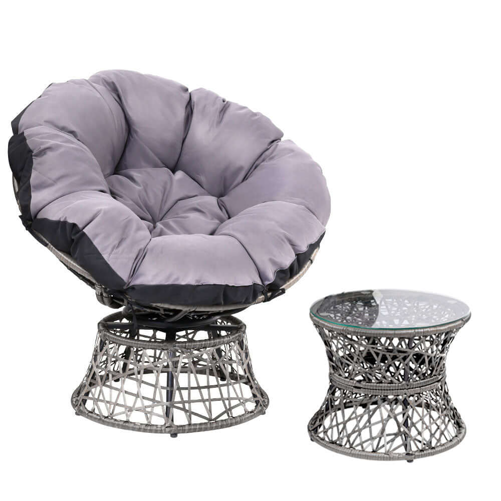 Gardeon grey Papasan chair with cushioned seat and wicker side table for outdoor comfort and style.