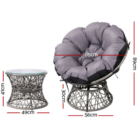 Gardeon grey Papasan chair with thick cushion and side table, outdoor garden furniture, affordable luxury comfort.