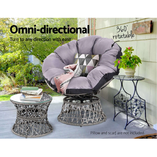 Gardeon Papasan chair and side table in grey wicker, showcasing omni-directional rotatable seating in an outdoor setting.