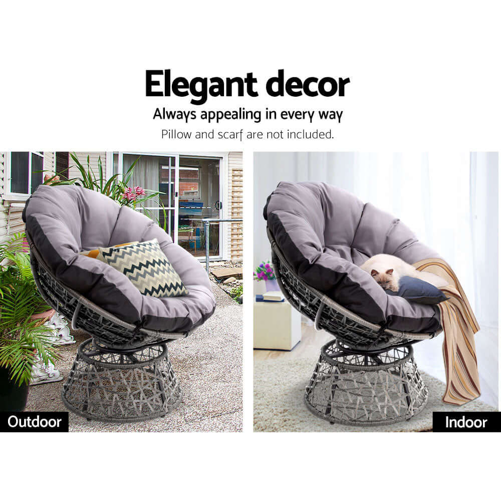 Gardeon Papasan Chair in grey for indoor and outdoor use, showcasing elegant decor and comfort.