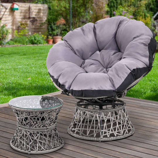 Gardeon Grey Papasan Chair and Wicker Side Table for outdoor lounging, affordable and stylish garden furniture.