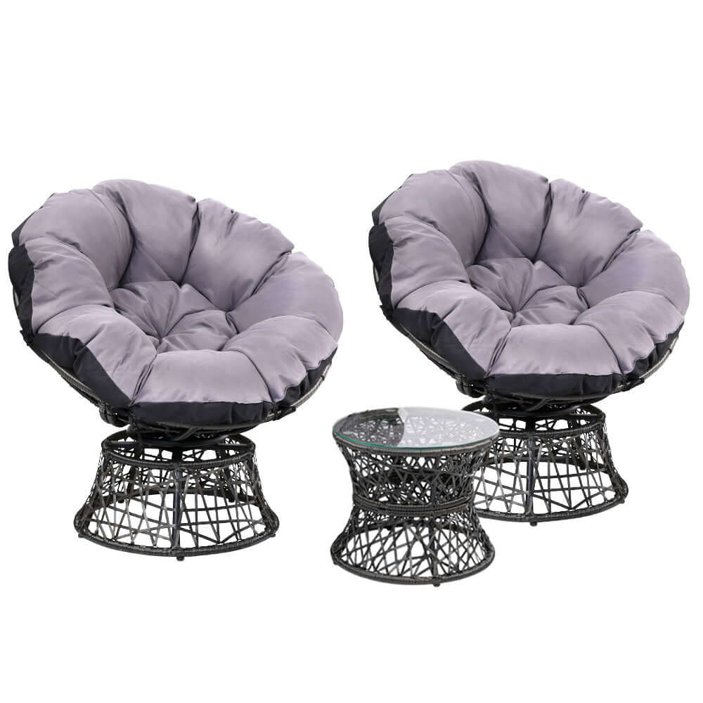 Gardeon outdoor lounge setting featuring two black Papasan chairs with gray cushions and a stylish side table.