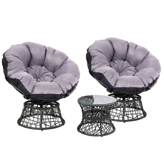 Gardeon outdoor lounge setting with two black wicker Papasan chairs and side table, featuring plush grey cushions.