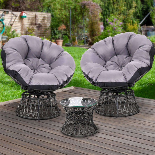 Gardeon affordable outdoor lounge setting with wicker papasan chairs and side table in a backyard.