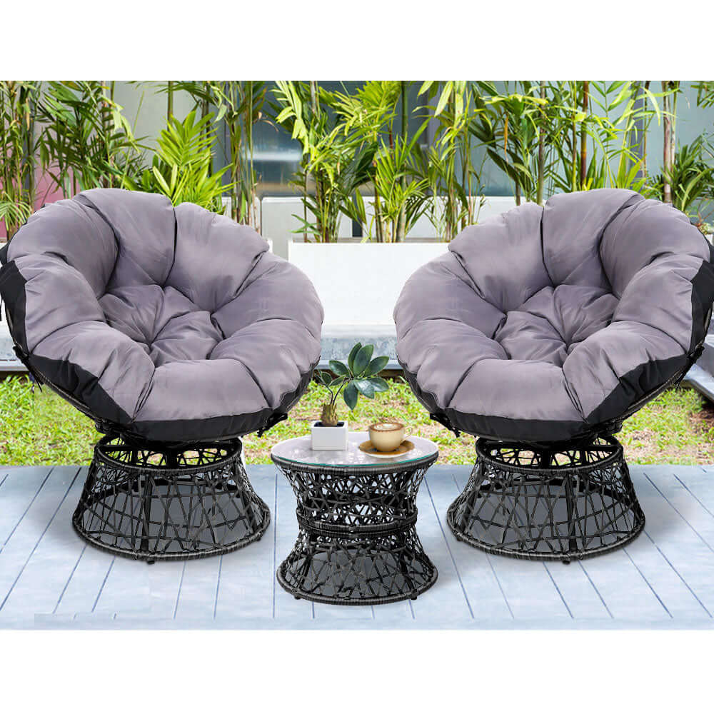 Gardeon Papasan chairs with thick padding and side table in outdoor patio setting, ideal for affordable luxury.