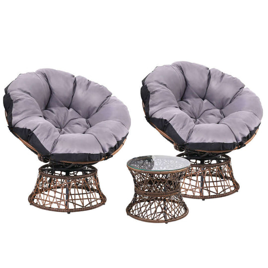 Gardeon outdoor lounge setting with two brown wicker Papasan chairs and glass side table for comfortable patio decor.