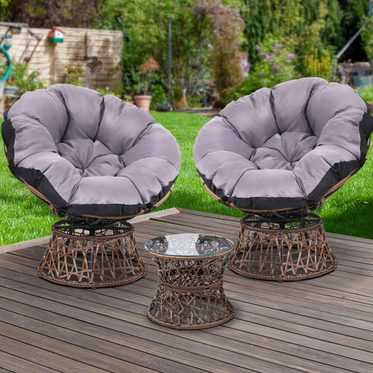 Gardeon outdoor wicker Papasan chairs with plush cushions and glass side table, perfect for patio relaxation.