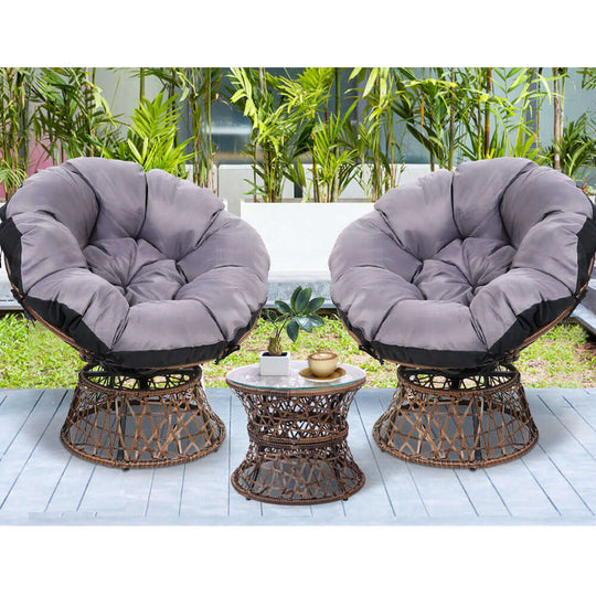 Affordable Gardeon outdoor patio lounge setting with wicker Papasan chairs and stylish side table.