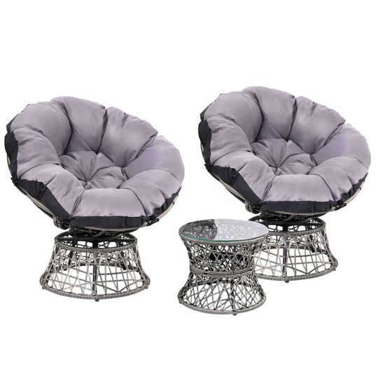 Gardeon affordable outdoor lounge setting with two grey wicker Papasan chairs and a side table, perfect for patio and DIY decor.