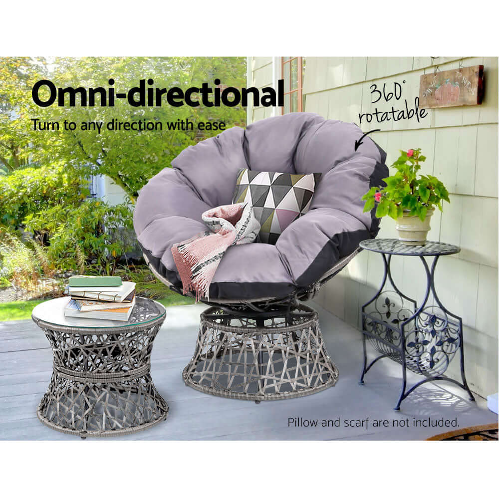 Gardeon Papasan Chair set in grey with a side table, featuring 360° rotation for comfortable outdoor lounging.