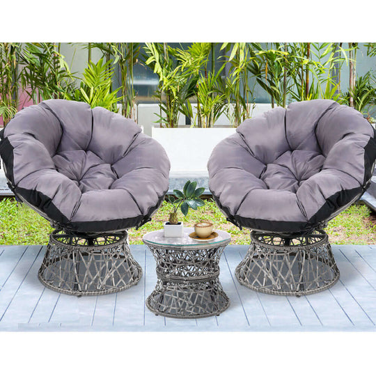 Gardeon outdoor lounge setting with grey Papasan chairs and side table, perfect for affordable quality patio decor.