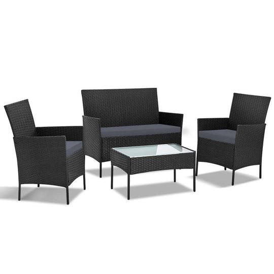 Gardeon 4-seater black wicker outdoor sofa set with loveseat, armchairs, and glass table for affordable luxury.