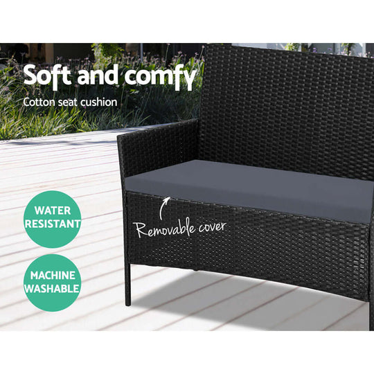 Soft and comfy cotton seat cushion on Gardeon outdoor sofa, water resistant and machine washable for easy maintenance.