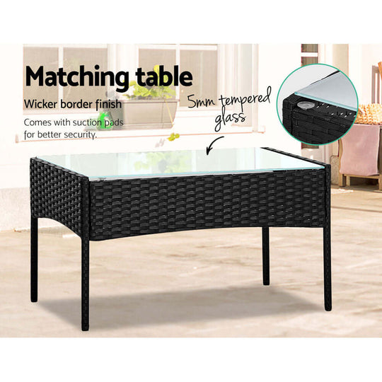 Affordable Gardeon matching table with wicker finish and tempered glass for outdoor or indoor use.