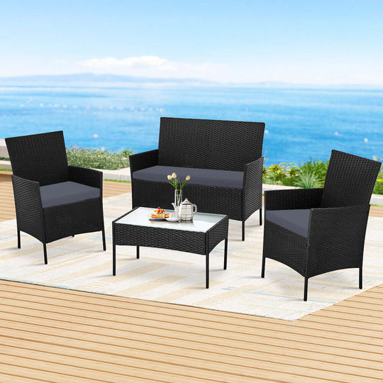 Gardeon 4-seater black wicker outdoor sofa set with table, perfect for affordable luxury and DIY patio decor.