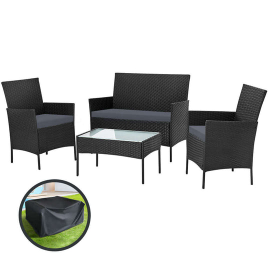 Gardeon affordable 4 seater outdoor sofa set with wicker chairs and glass table, includes storage cover for DIY luxury.