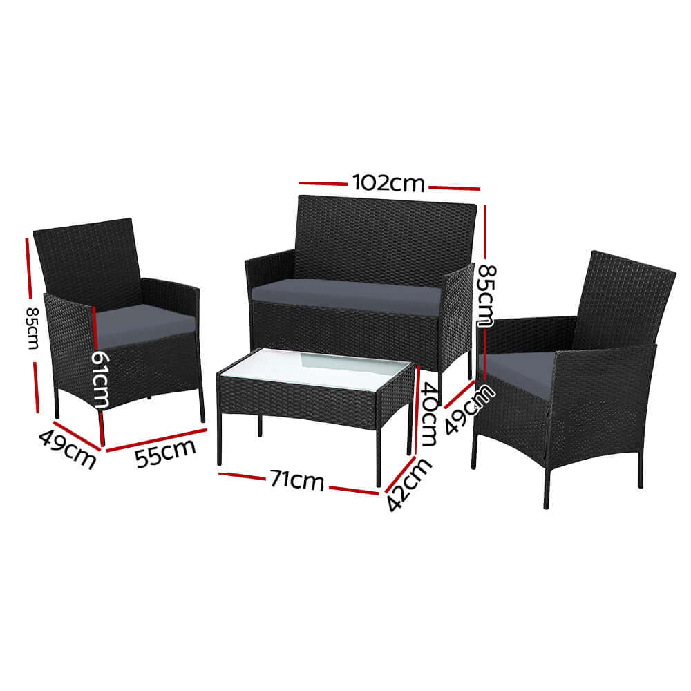 Gardeon 4 Seater Outdoor Sofa Set dimensions, featuring two armchairs and a table with glass top, stylish black PE wicker design.