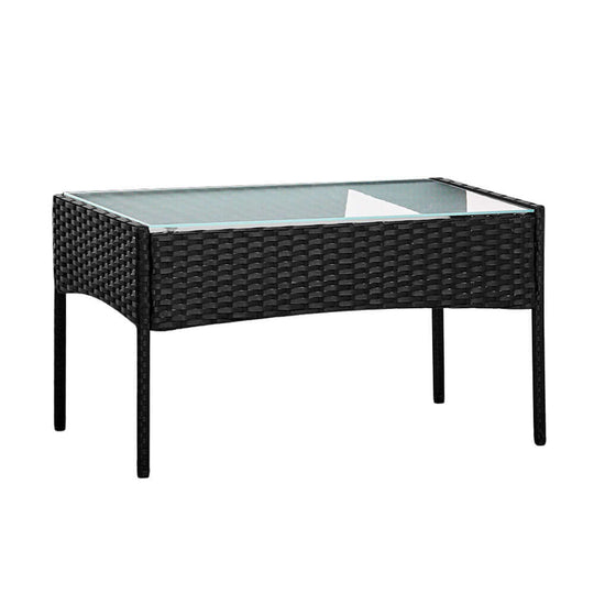 Gardeon black wicker outdoor table with glass top, perfect for affordable luxury and DIY patio decor.