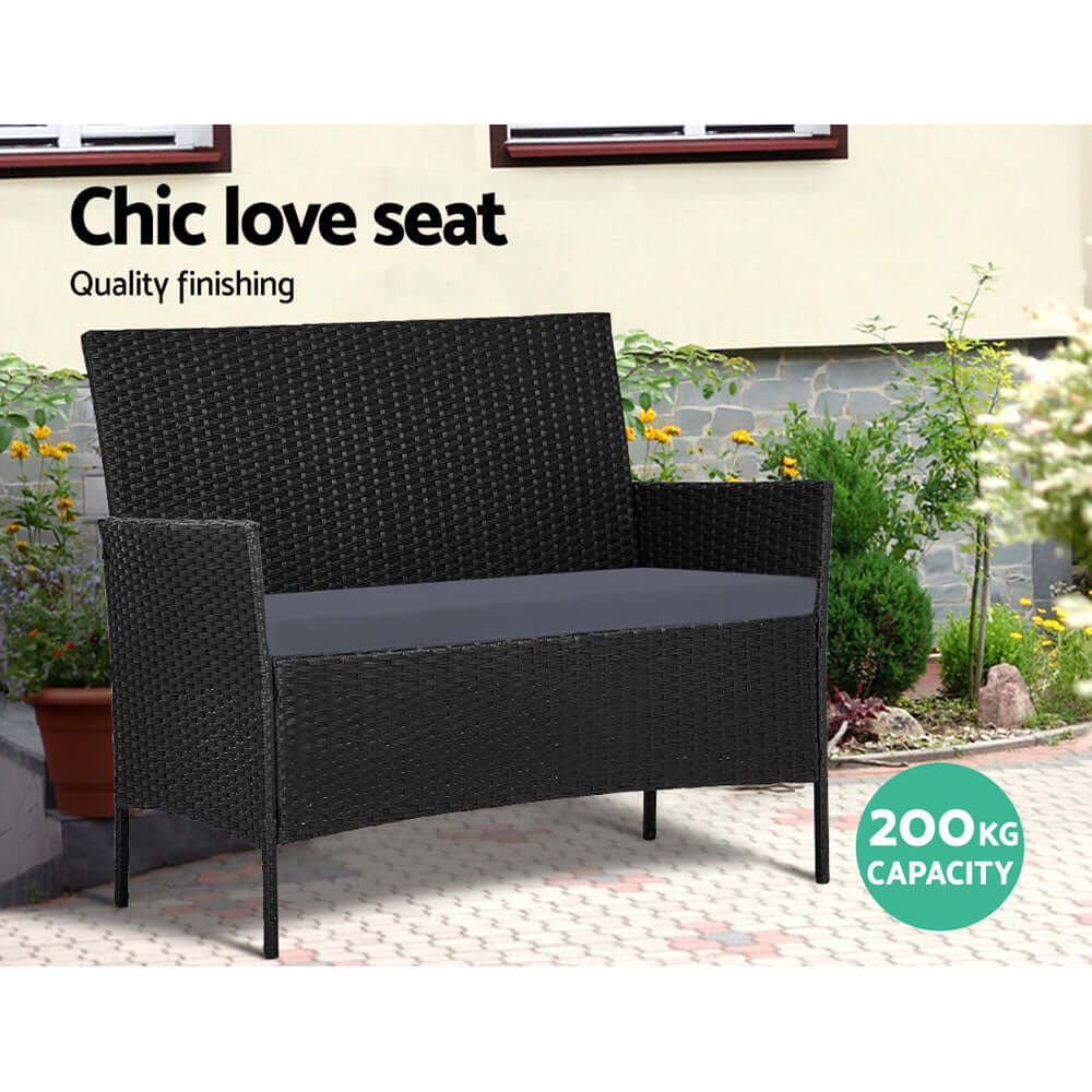 Chic outdoor love seat with quality finishing, stylish black wicker design, 200kg capacity for comfort and durability.