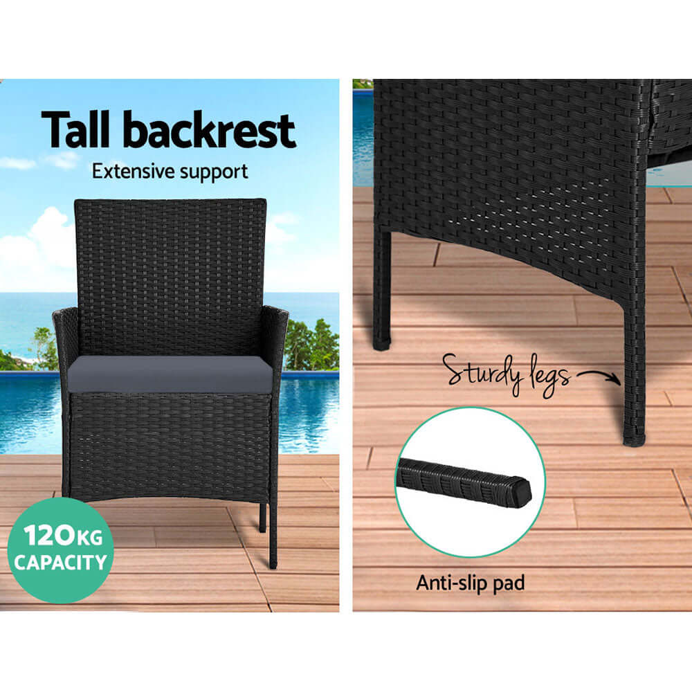 Gardeon wicker armchair with tall backrest, sturdy legs, and anti-slip pad, supporting up to 120kg for outdoor use.