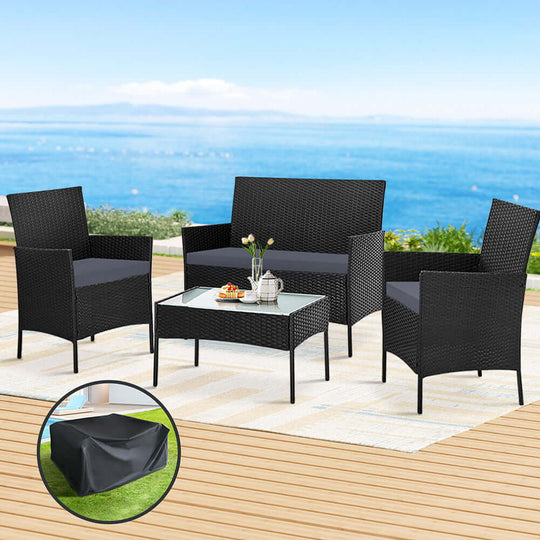 Gardeon 4-Seater Outdoor Sofa Set with Storage Cover, Wicker Table and Chairs in Black, Perfect for Deck or Patio.