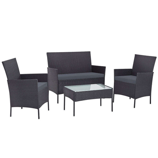 Gardeon 4-piece outdoor sofa set with loveseat, chairs, and glass table in dark grey, ideal for affordable luxury.