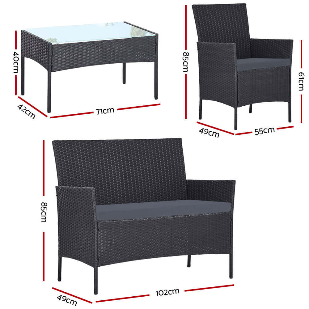 Gardeon 4-seater outdoor sofa set with dimensions, dark grey wicker, featuring loveseat, chairs, and side table.