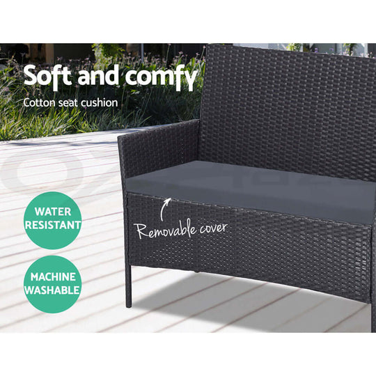 Gardeon outdoor sofa with removable, machine washable cushion cover, showcasing water-resistant design and comfort.