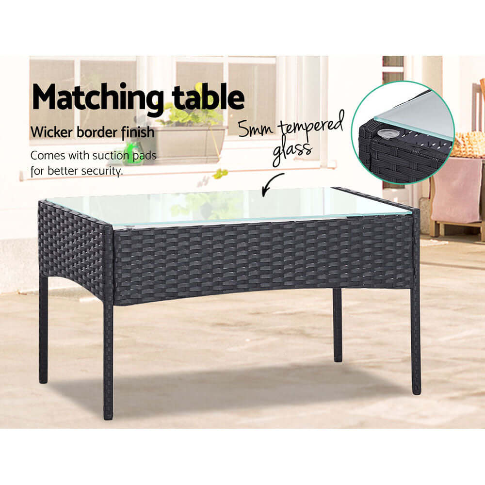 Gardeon matching outdoor table with 5mm tempered glass and wicker finish, ideal for affordable and quality patio furniture.