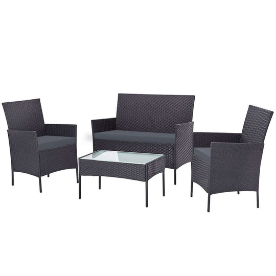 Gardeon 4-seater dark grey wicker outdoor sofa set with table, affordable luxury for patio or living room.