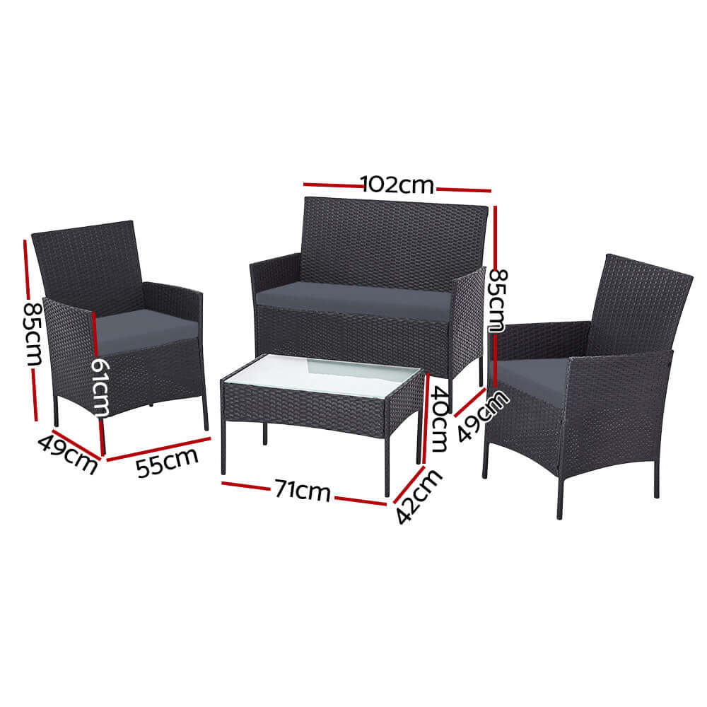 Gardeon 4 seater outdoor sofa set with wicker chairs and glass table, ideal for stylish patio or deck decor.