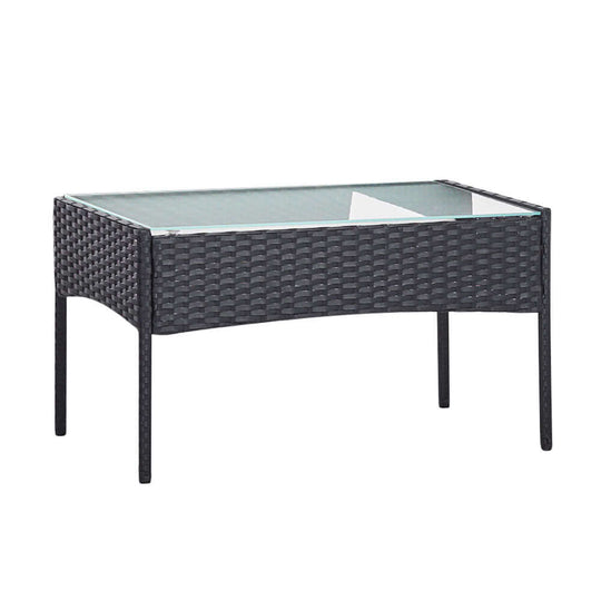 Gardeon dark grey wicker outdoor coffee table with glass top, affordable and stylish for patio or deck.