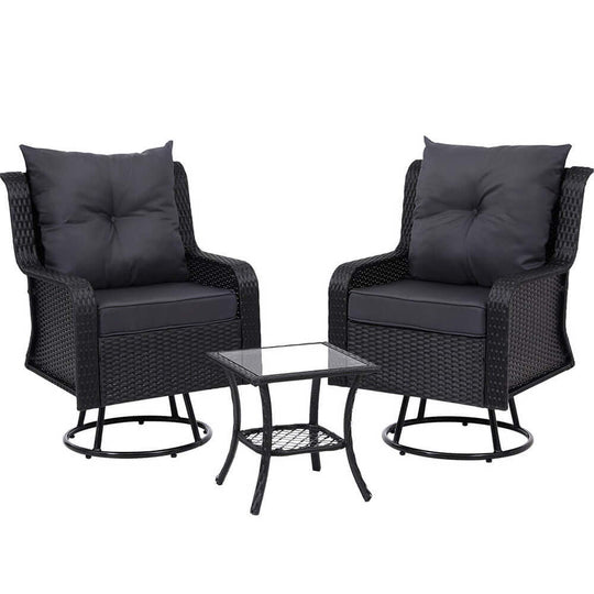 Gardeon affordable outdoor bistro set with two swivel chairs and side table, perfect for relaxing outdoor settings.