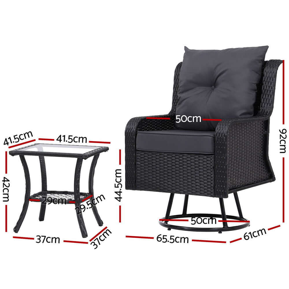 Gardeon 3PC outdoor bistro set with swivel chair and side table dimensions, affordable weather-resistant furniture for DIY relaxation.