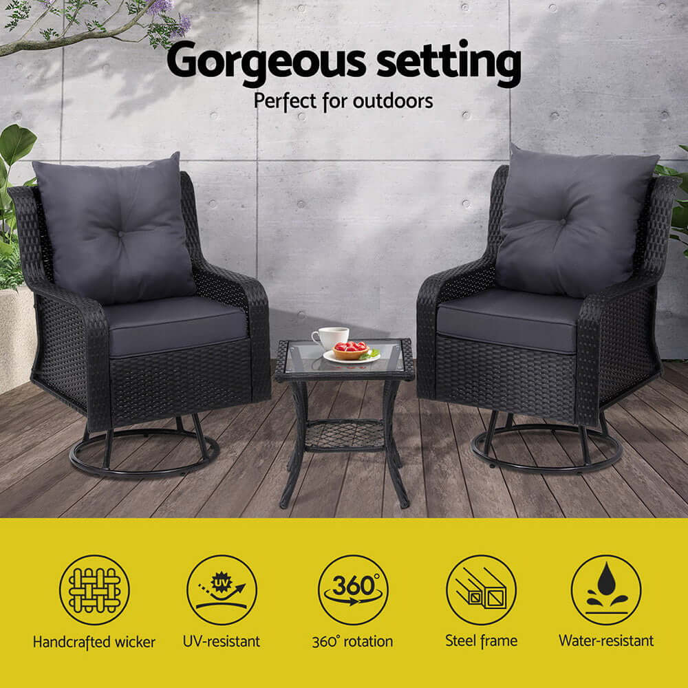 Gardeon 3PC Outdoor Bistro Set with swivel chairs and table, perfect for a stylish outdoor lounge, weather-resistant and affordable.