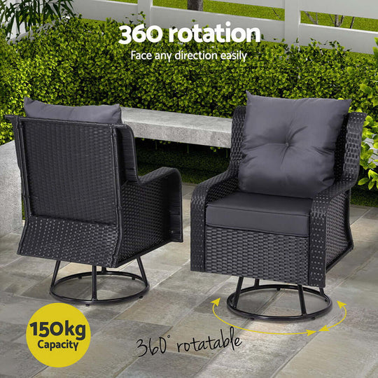 Gardeon outdoor bistro set featuring two swivel chairs with cushions, 360° rotation, and a 150kg capacity.