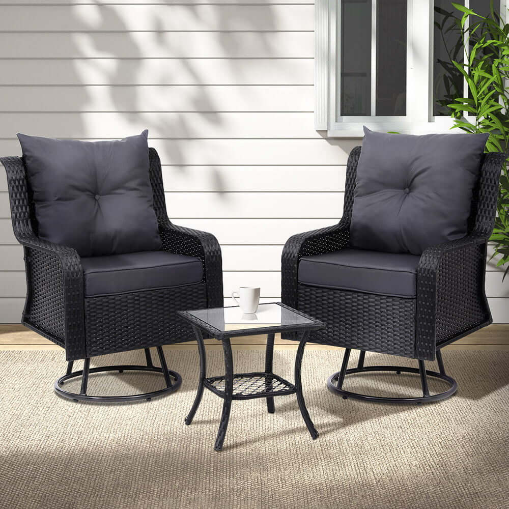 Gardeon 3PC outdoor bistro set with black wicker swivel chairs and table, perfect for affordable luxury and DIY relaxation.