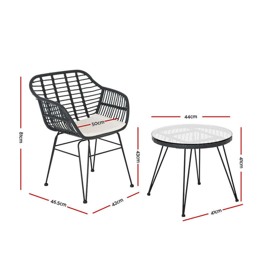 Dimensions of Gardeon outdoor bistro set with two chairs and a coffee table, showing height and width measurements.