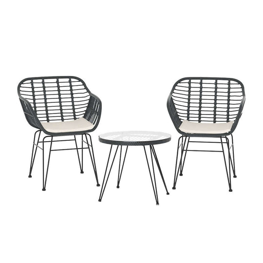 Gardeon 3PC outdoor furniture bistro set with 2 chairs and coffee table in grey for affordable outdoor lounging.