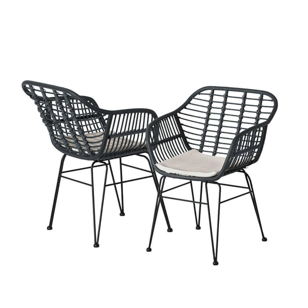 Gardeon affordable 2-seater outdoor chairs with grey cushions, stylish PE wicker design, perfect for summer lounging.