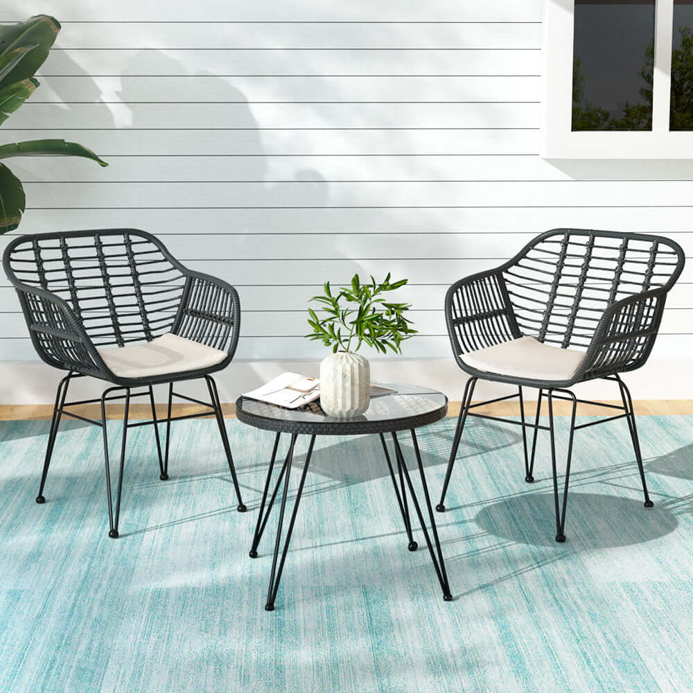 Gardeon outdoor bistro set with two stylish chairs and a coffee table, perfect for affordable summer lounging.