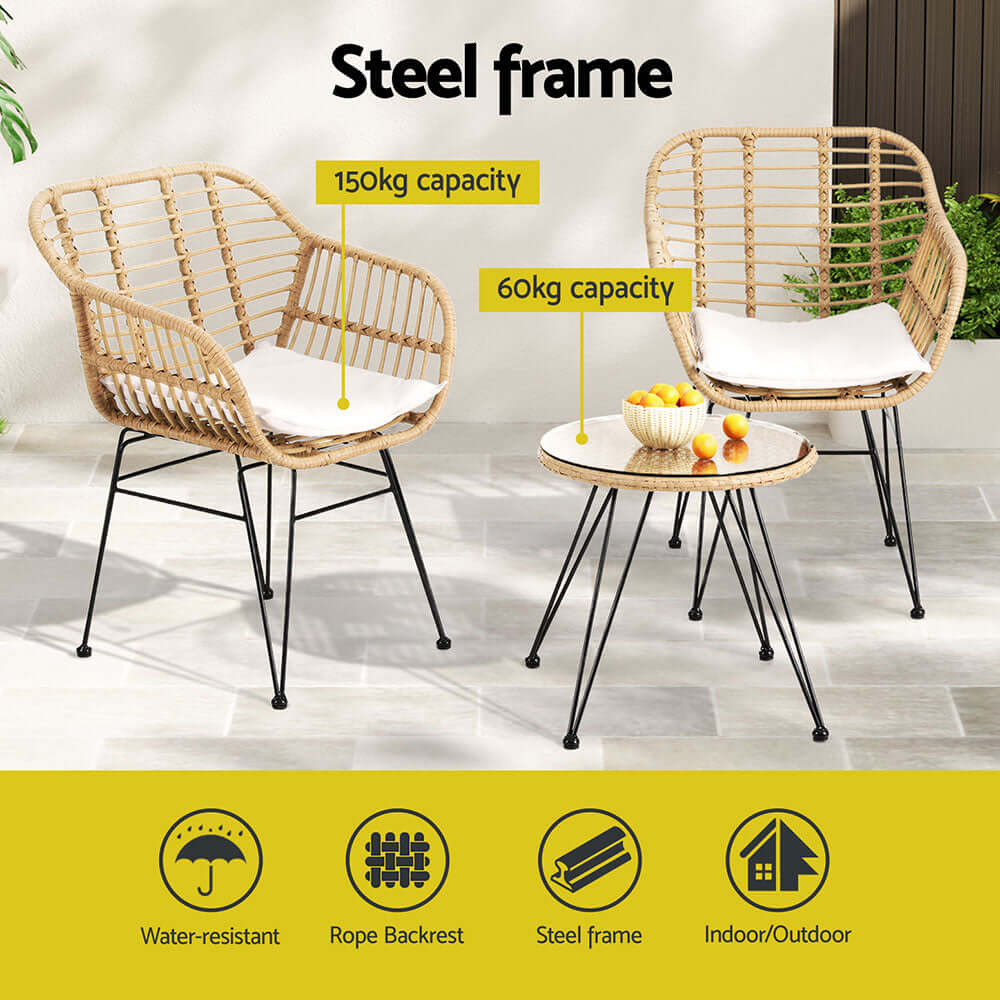 Gardeon Bistro Set with steel frame, water-resistant chairs, and cozy cushion for indoor/outdoor use, 150kg chair capacity.