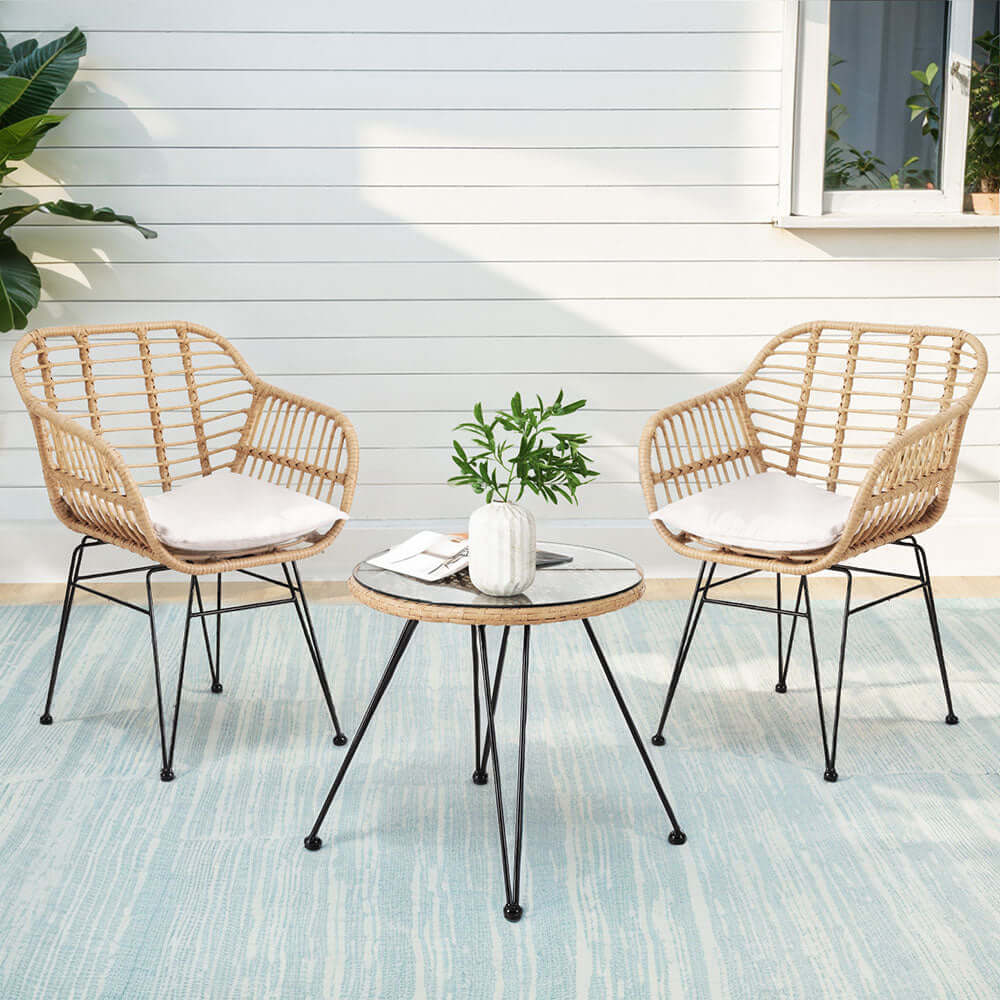 Gardeon outdoor bistro set featuring two stylish chairs and a round table, perfect for affordable patio lounging.