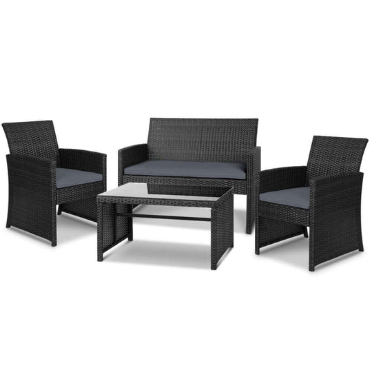 Gardeon 4-piece outdoor sofa set with wicker chairs and table, black, stylish garden furniture suitable for poolside or deck.