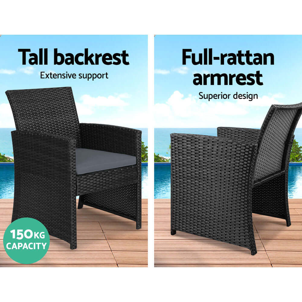 Gardeon outdoor wicker chair featuring a tall backrest and full-rattan armrest, showcasing stylish design and 150kg capacity.