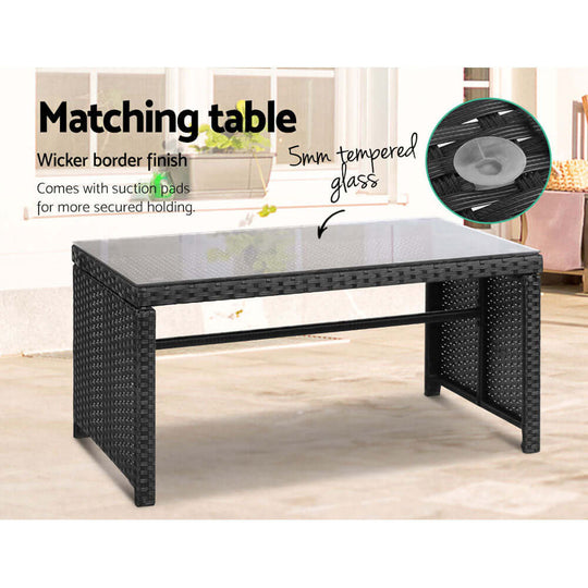 Gardeon wicker outdoor table with 5mm tempered glass top and suction pads for secure holding, perfect for garden furniture.