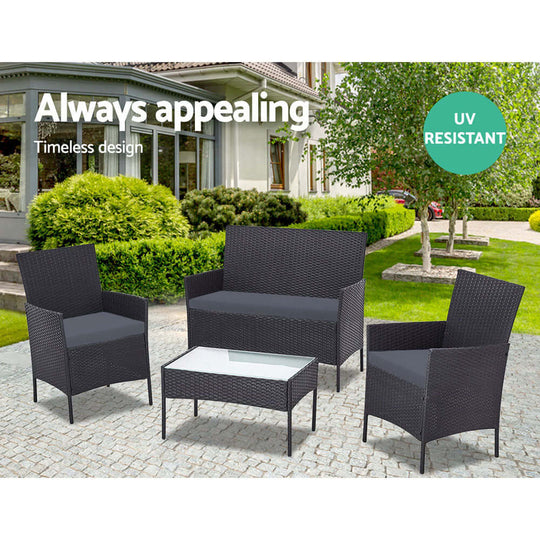 Affordable Gardeon 4 PCS outdoor wicker furniture set, UV resistant black chairs and table, ideal for garden or patio.